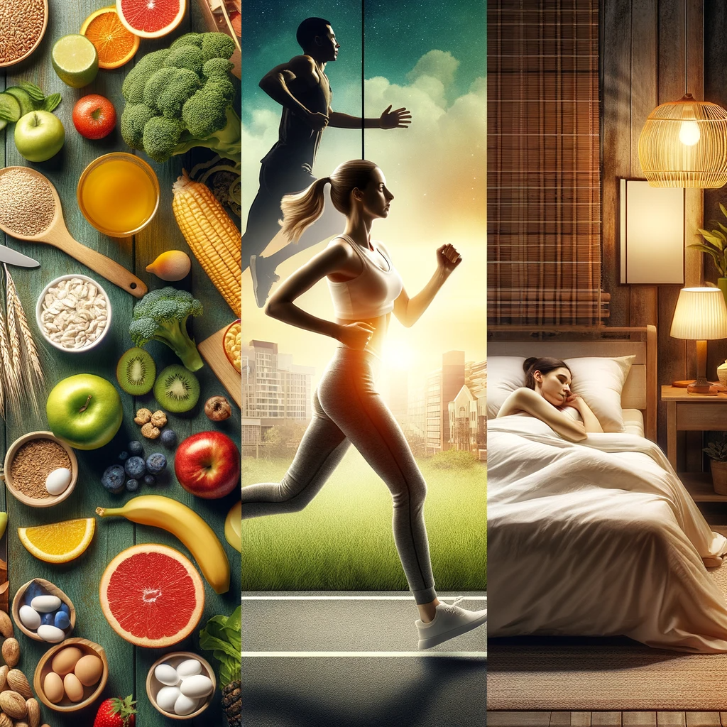 three distinct sections that represent a healthy diet, physical activity, and a peaceful sleeping environment.