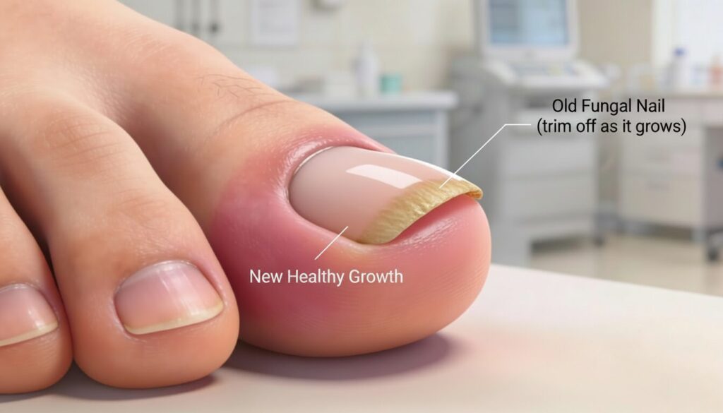 toenail fungus growth showing new healthy nail and older damaged nail